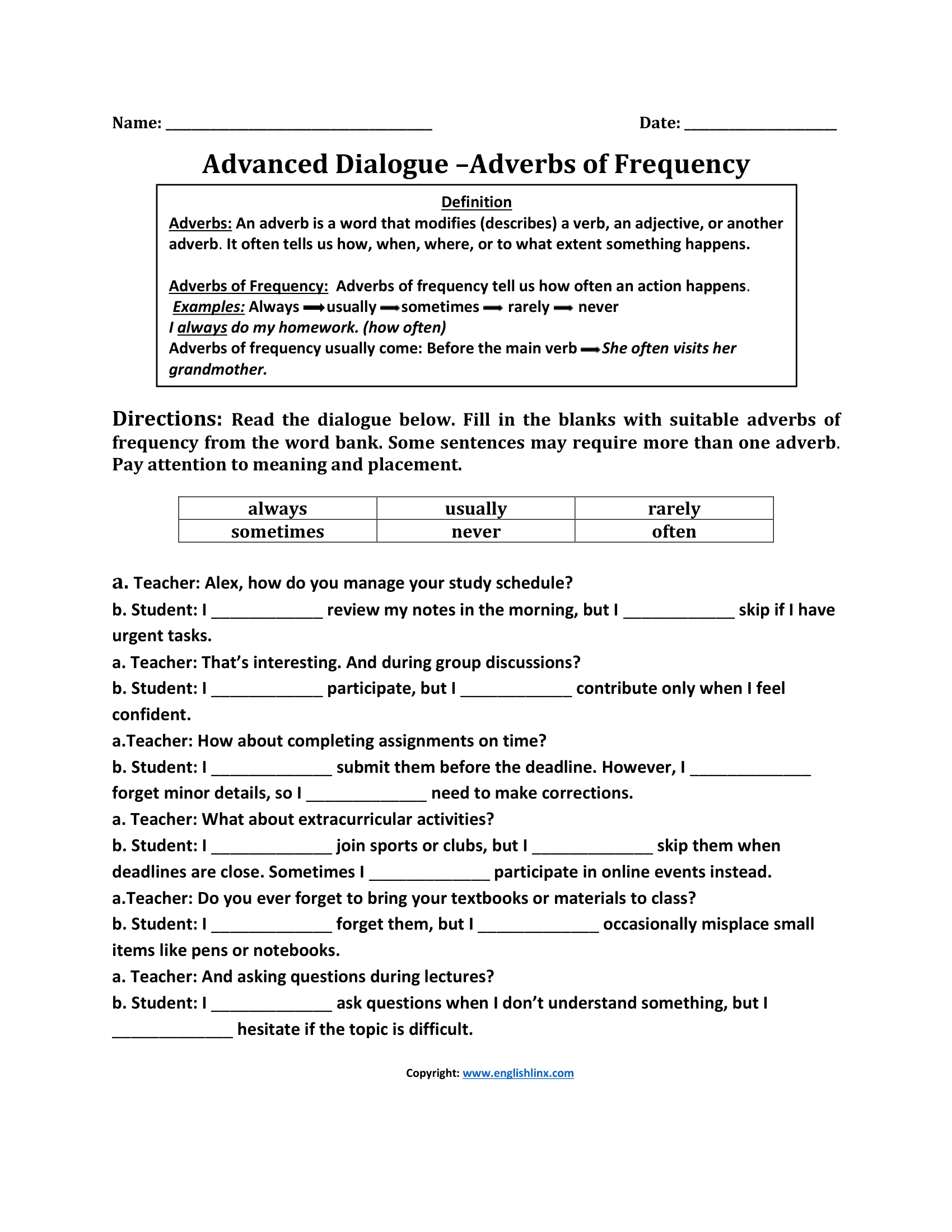 Advanced Dialogue Adverbs of Frequency Worksheets