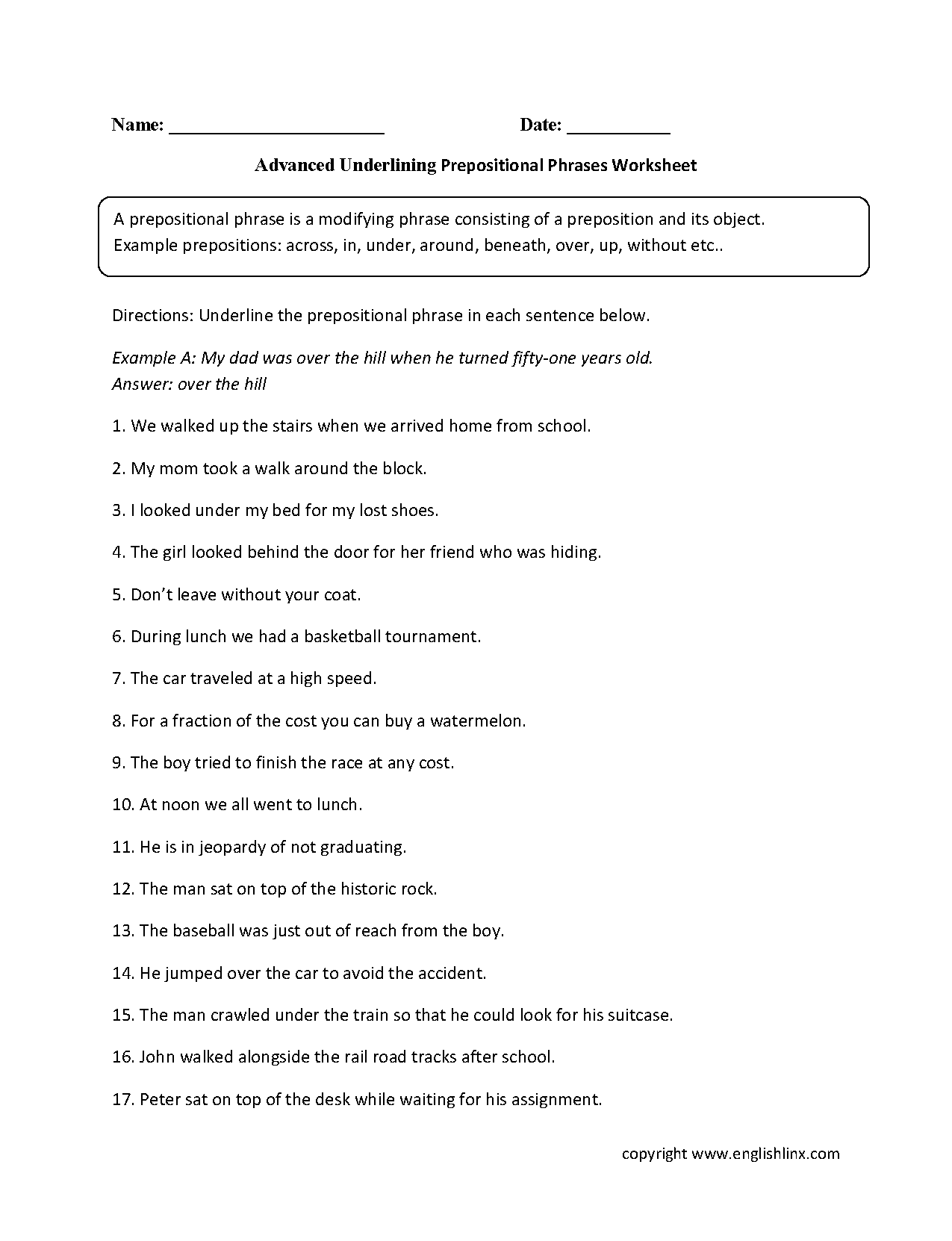 Underlining a Prepositional Phrase Worksheet