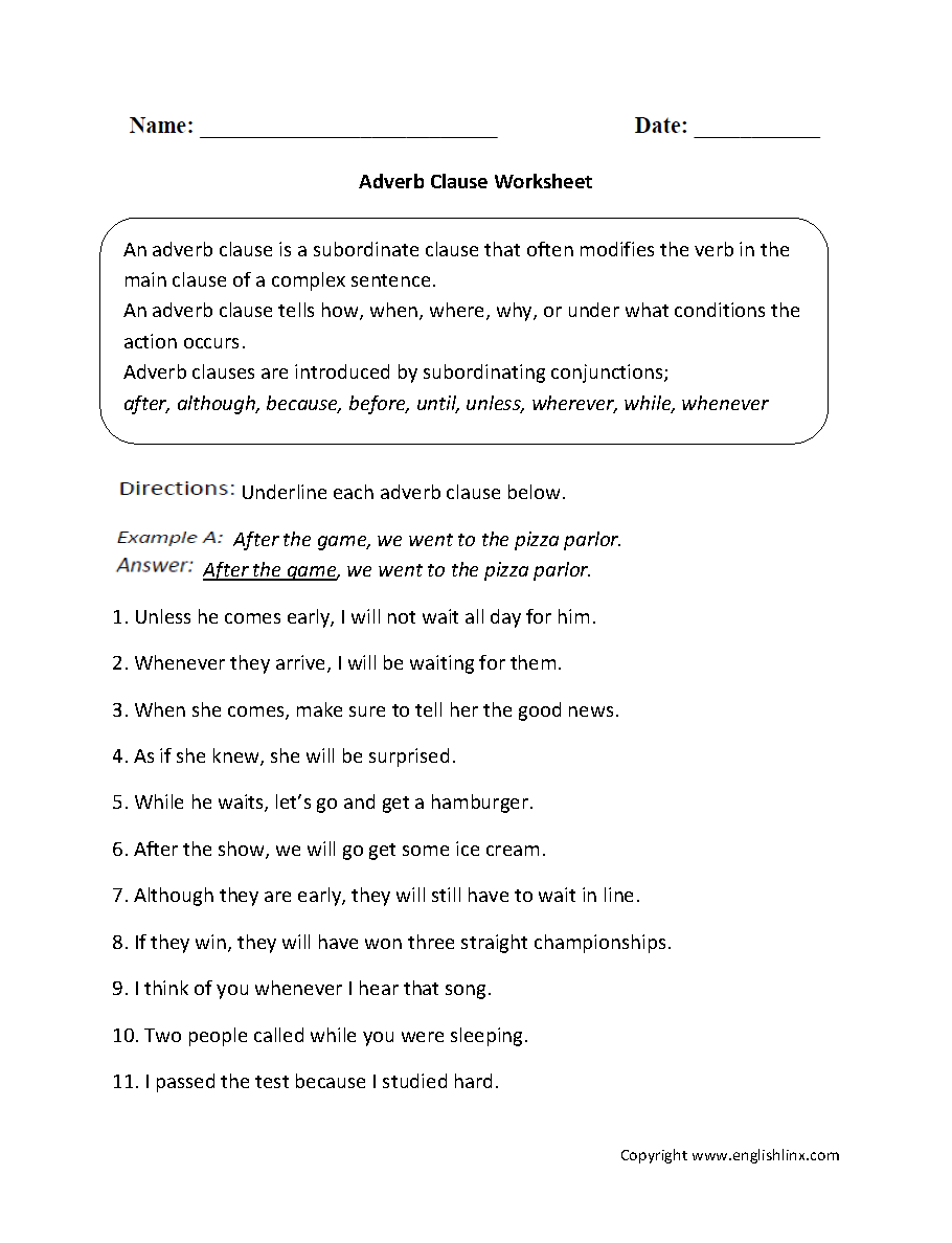Parts Of A Sentence Worksheets Clause Worksheets
