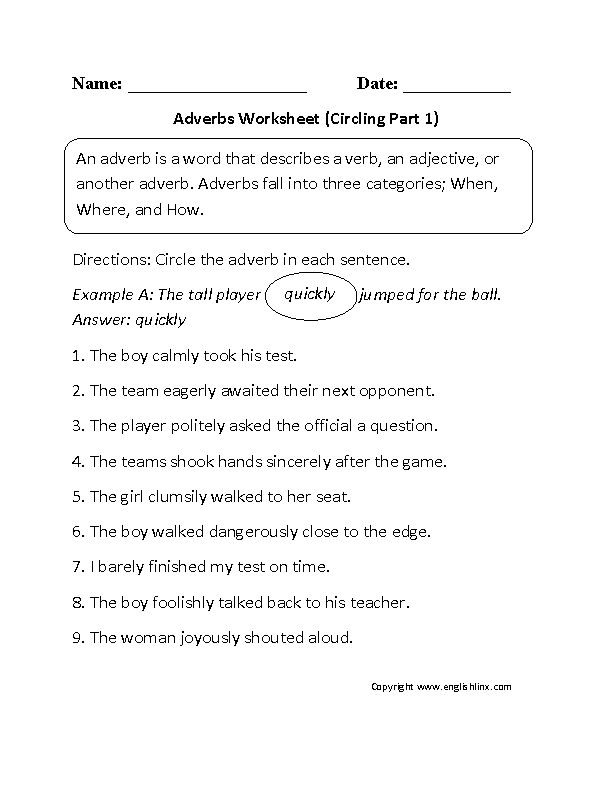Circling Adverbs Worksheet Part 1