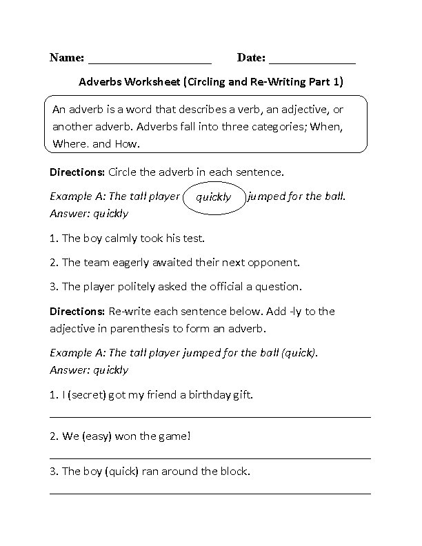 Circling and Re-Writing Adverbs Worksheet