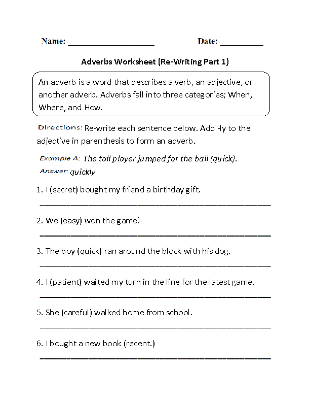 Re-Writing Adverbs Worksheet Part 1
