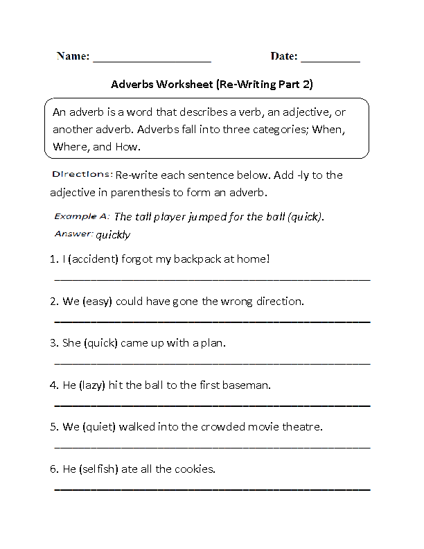 Re-Writing Adverbs Worksheet Part 2