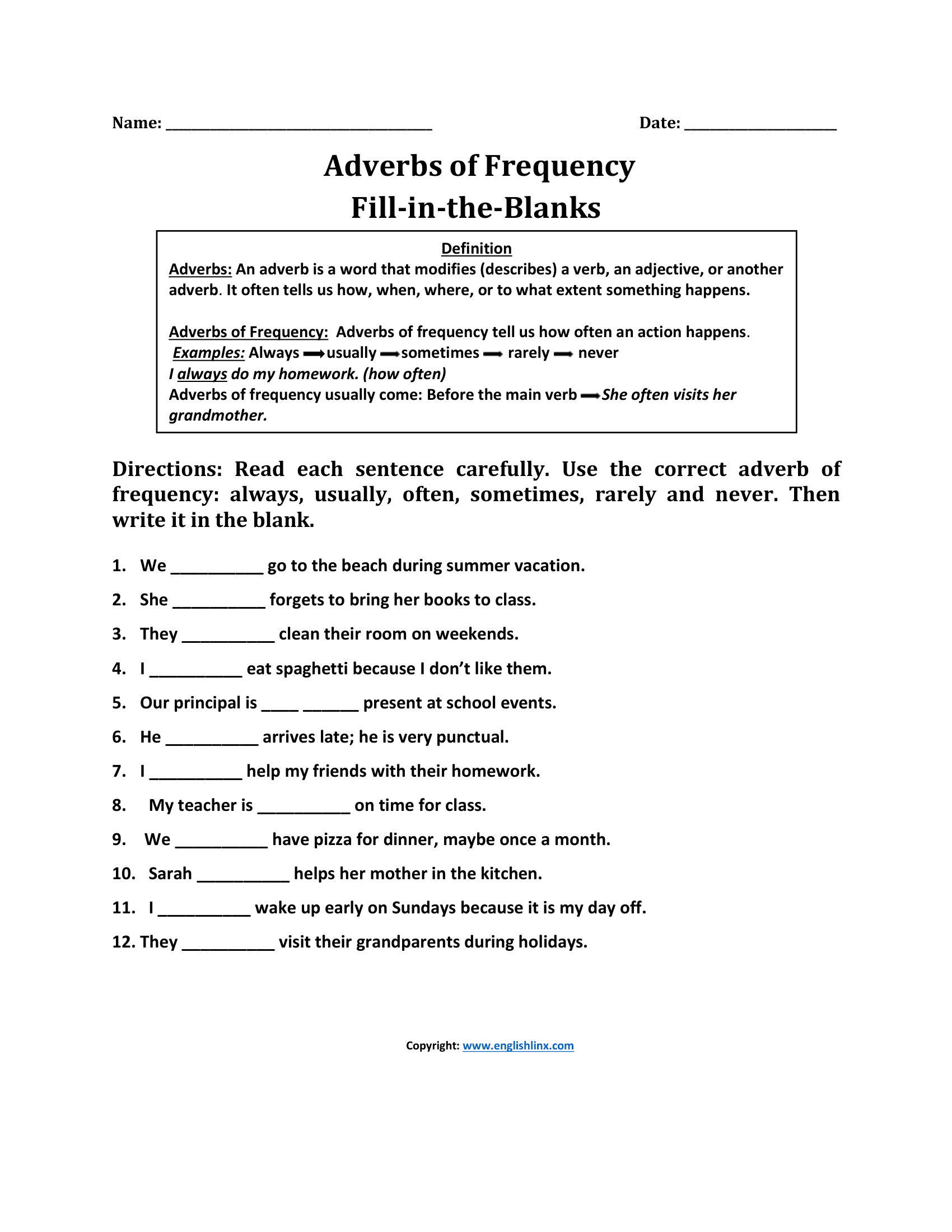 Fill In the Blank Adverbs of Frequency Worksheets