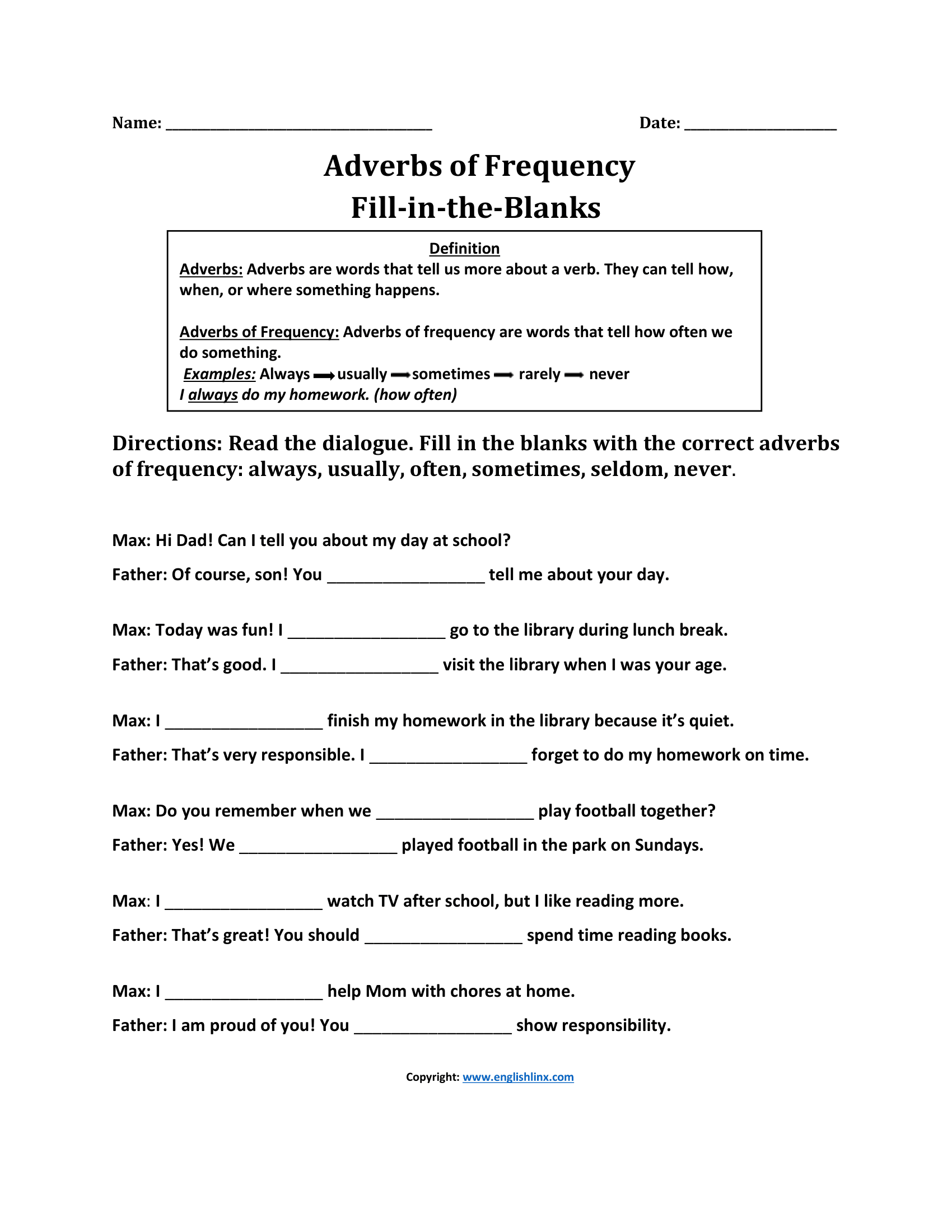 Fill In Adverbs of Frequency Worksheets