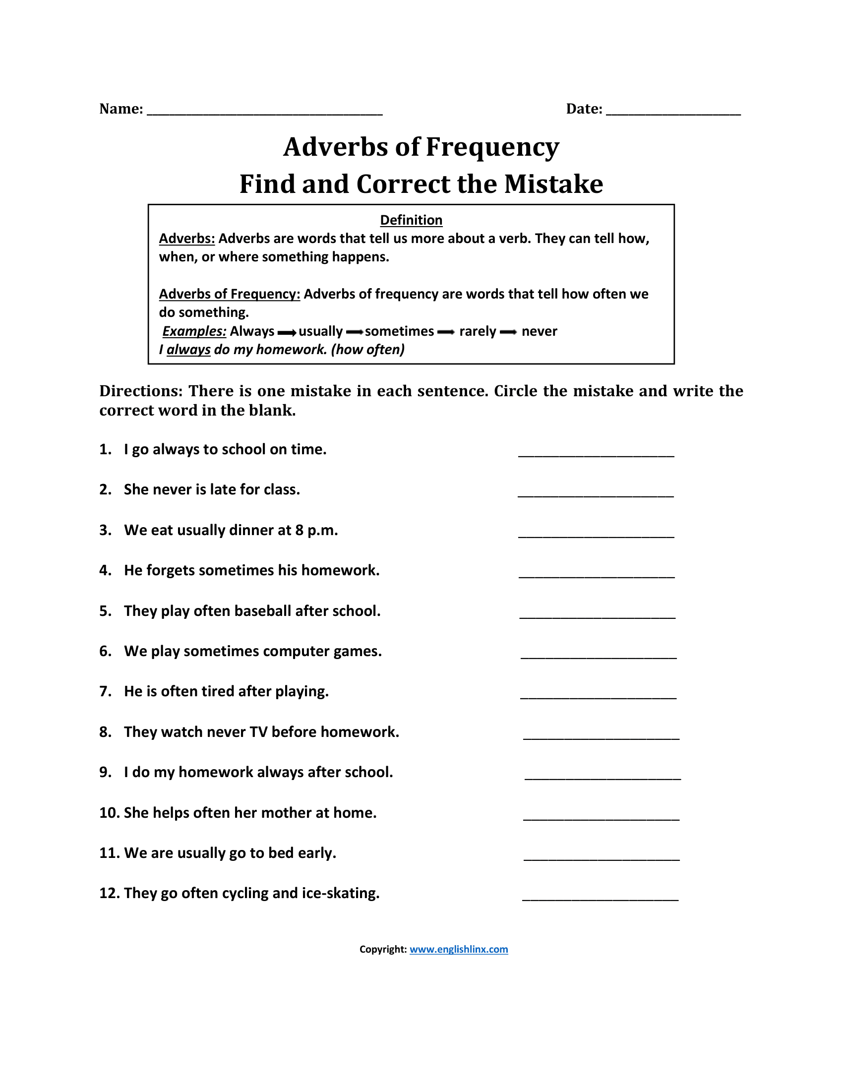 Find and Correct Adverbs of Frequency Worksheets
