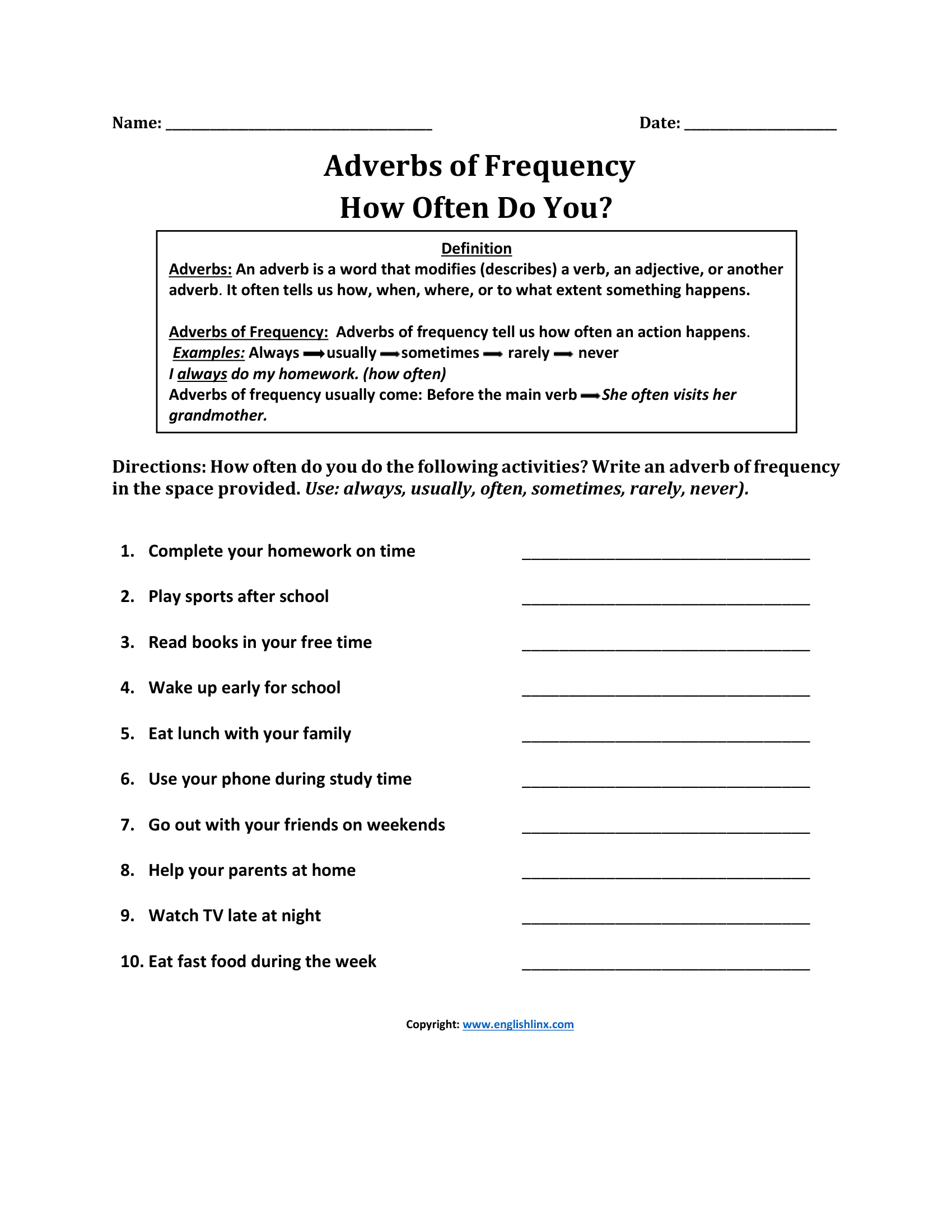 How Often Adverbs of Frequency Worksheets