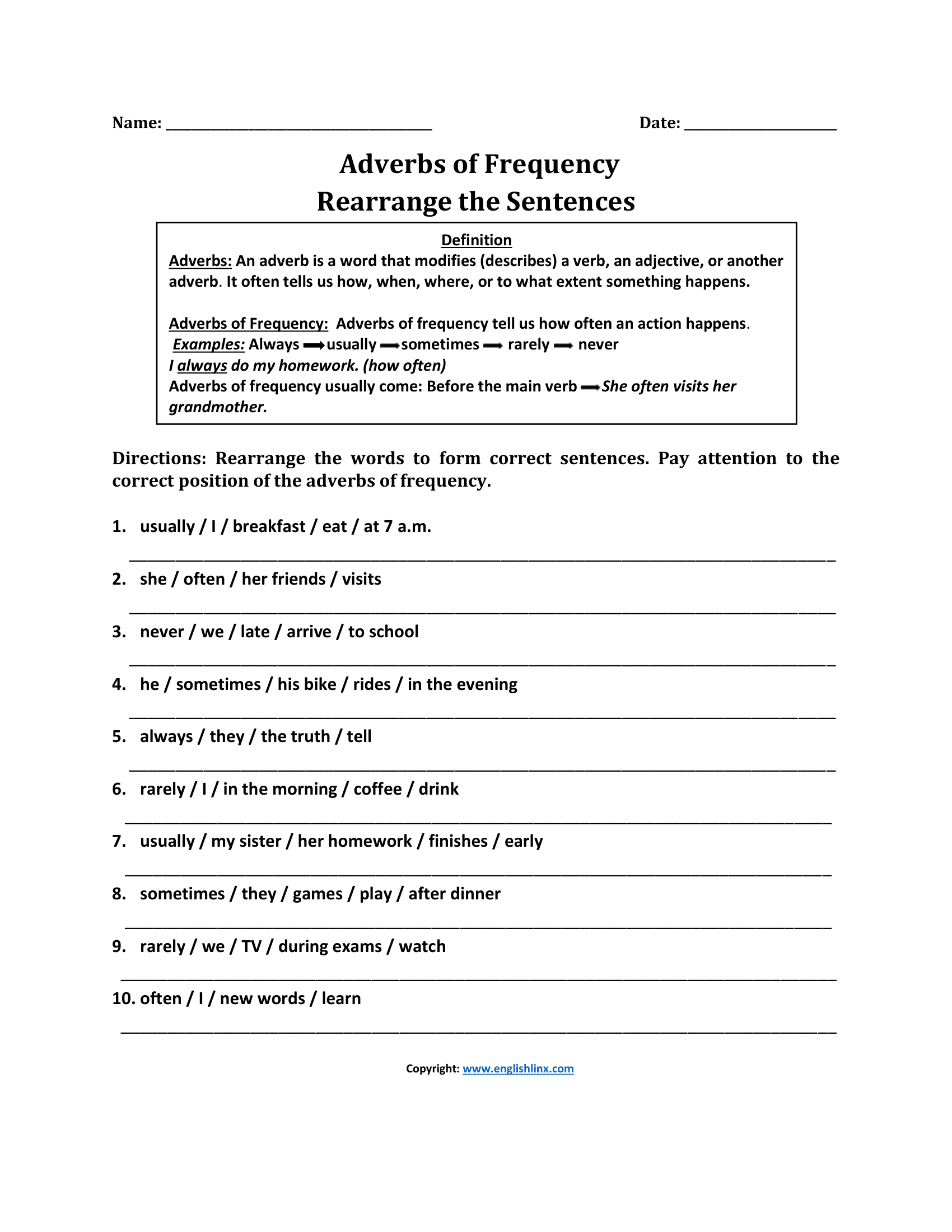 Rearrange Sentences Adverbs of Frequency Worksheets
