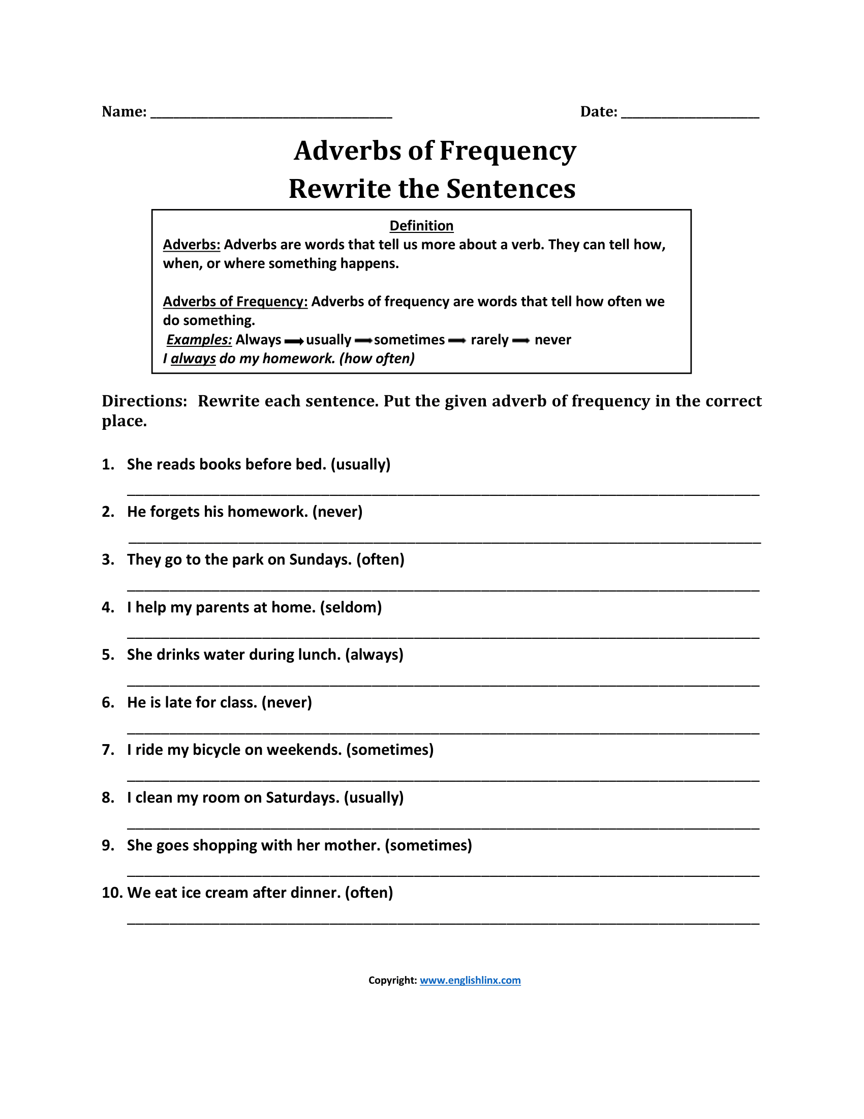 Rewrite the Sentence Adverbs of Frequency Worksheets