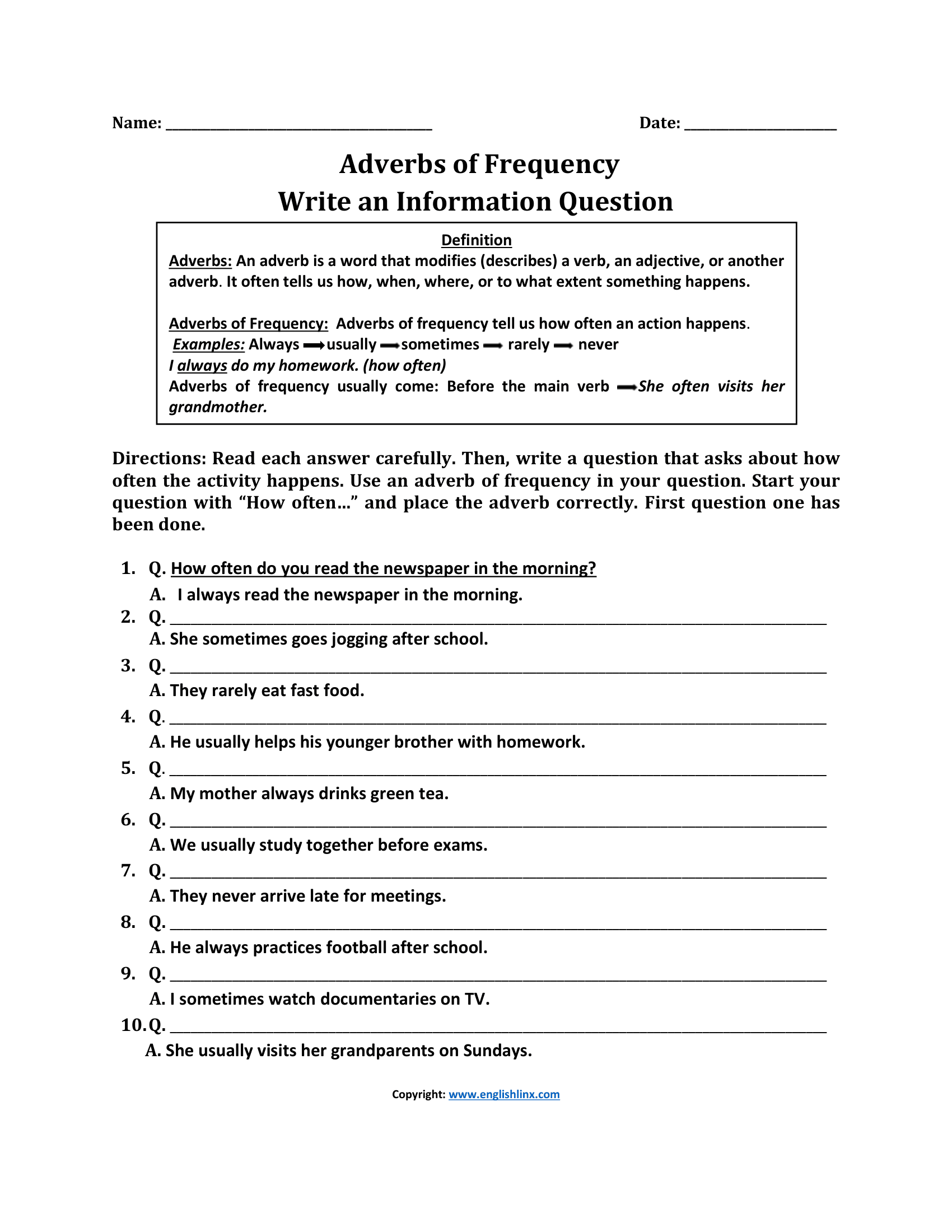 Writing Question Adverbs of Frequency Worksheets