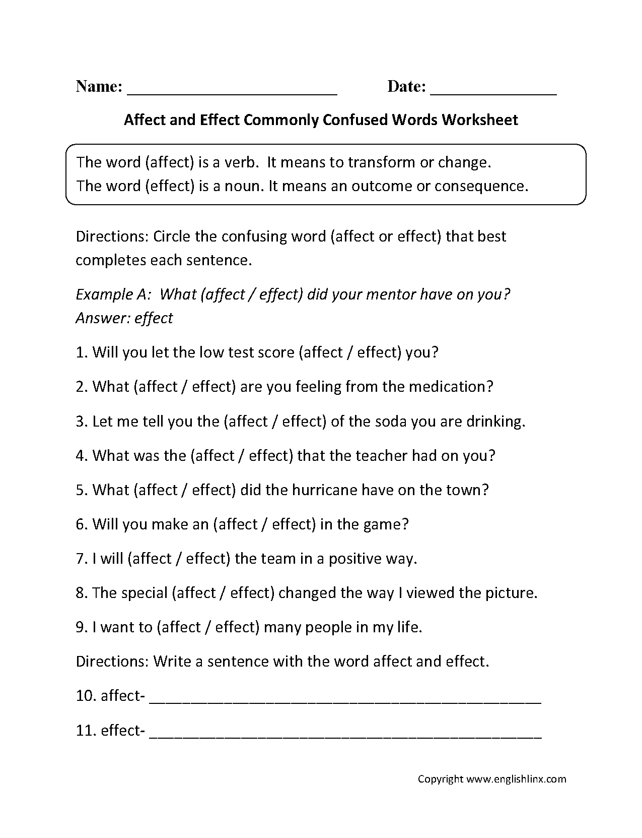 Commonly Confused Words Worksheets Affect And Effect Commonly