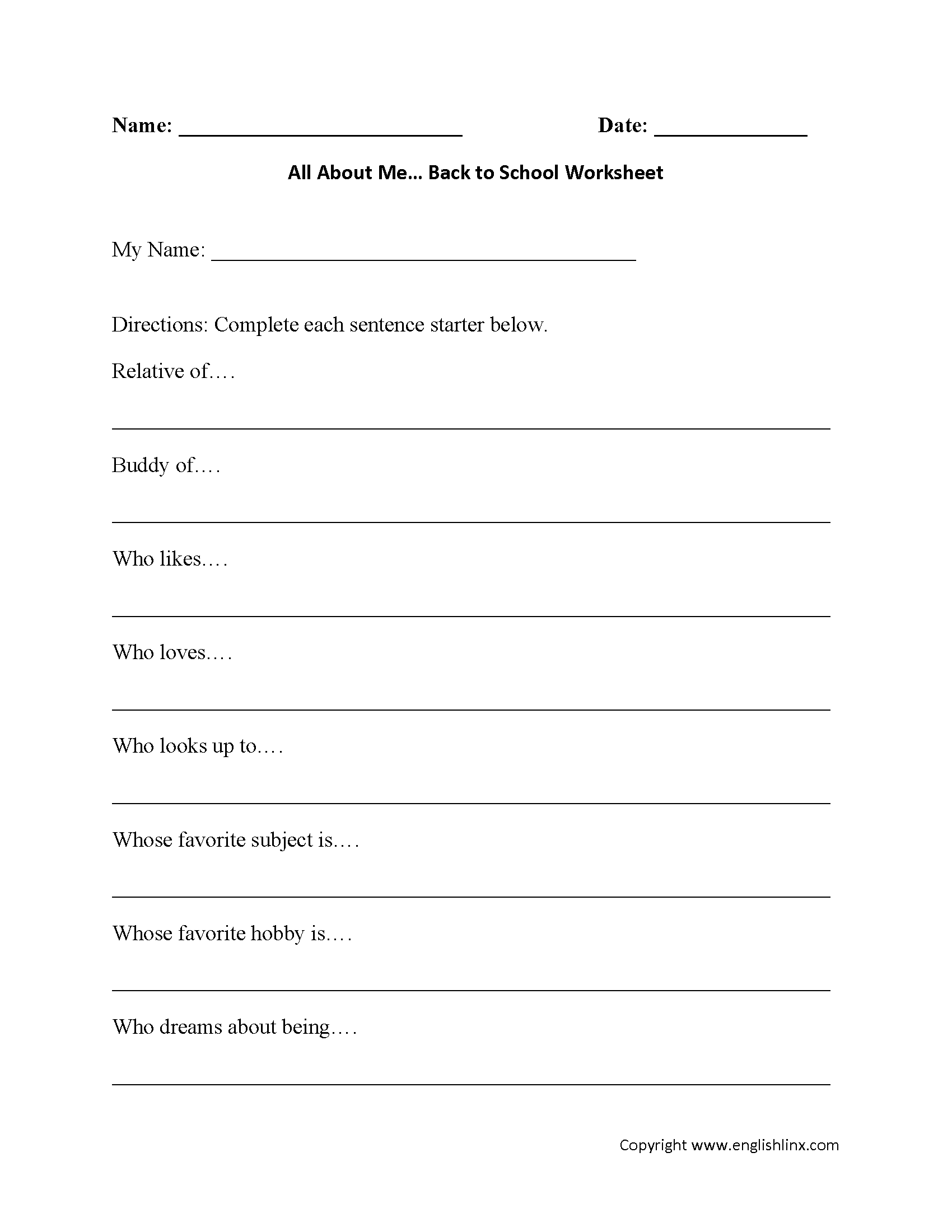 All About Me<br>Back to School Worksheets