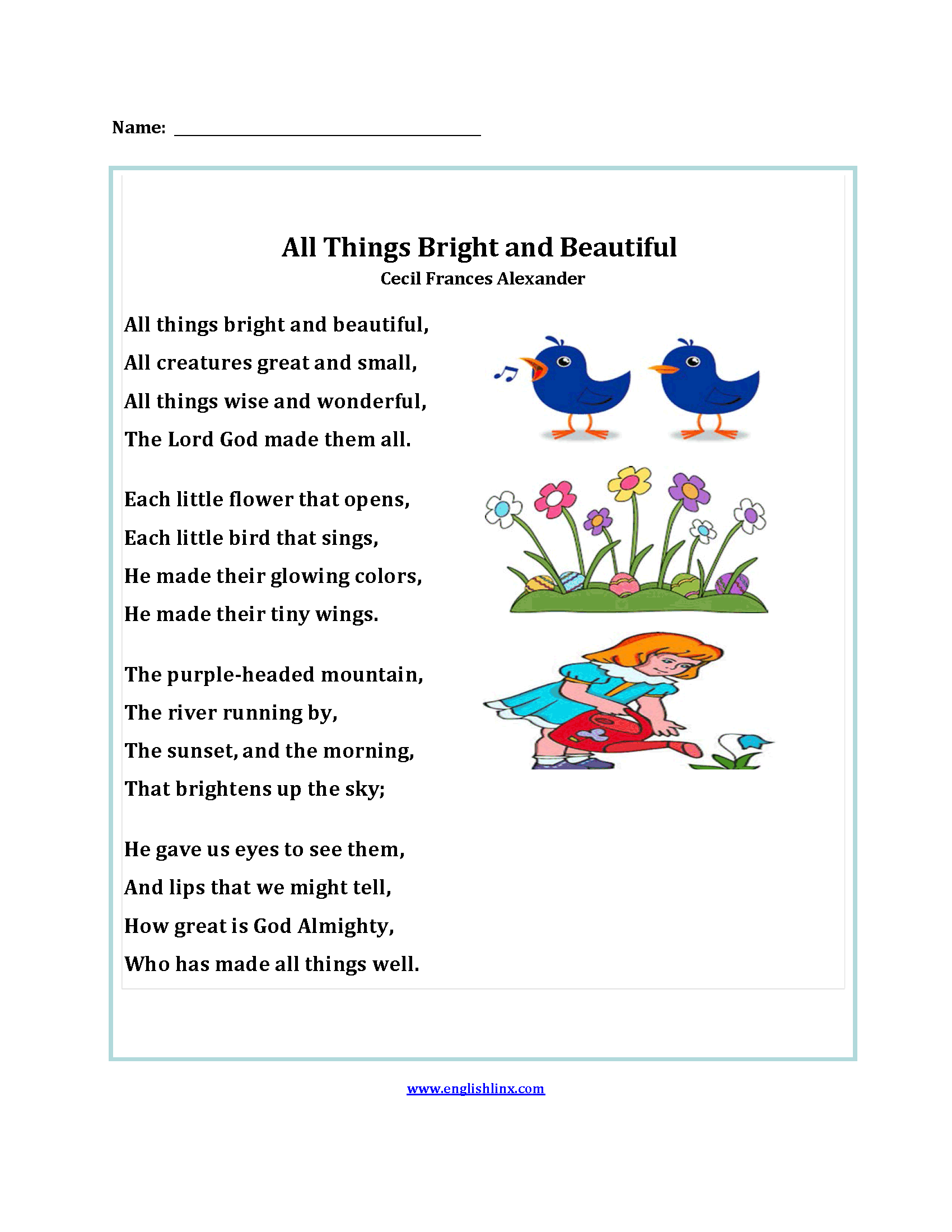 Poetry Worksheets All Things Bright and Beautiful Poetry Worksheets