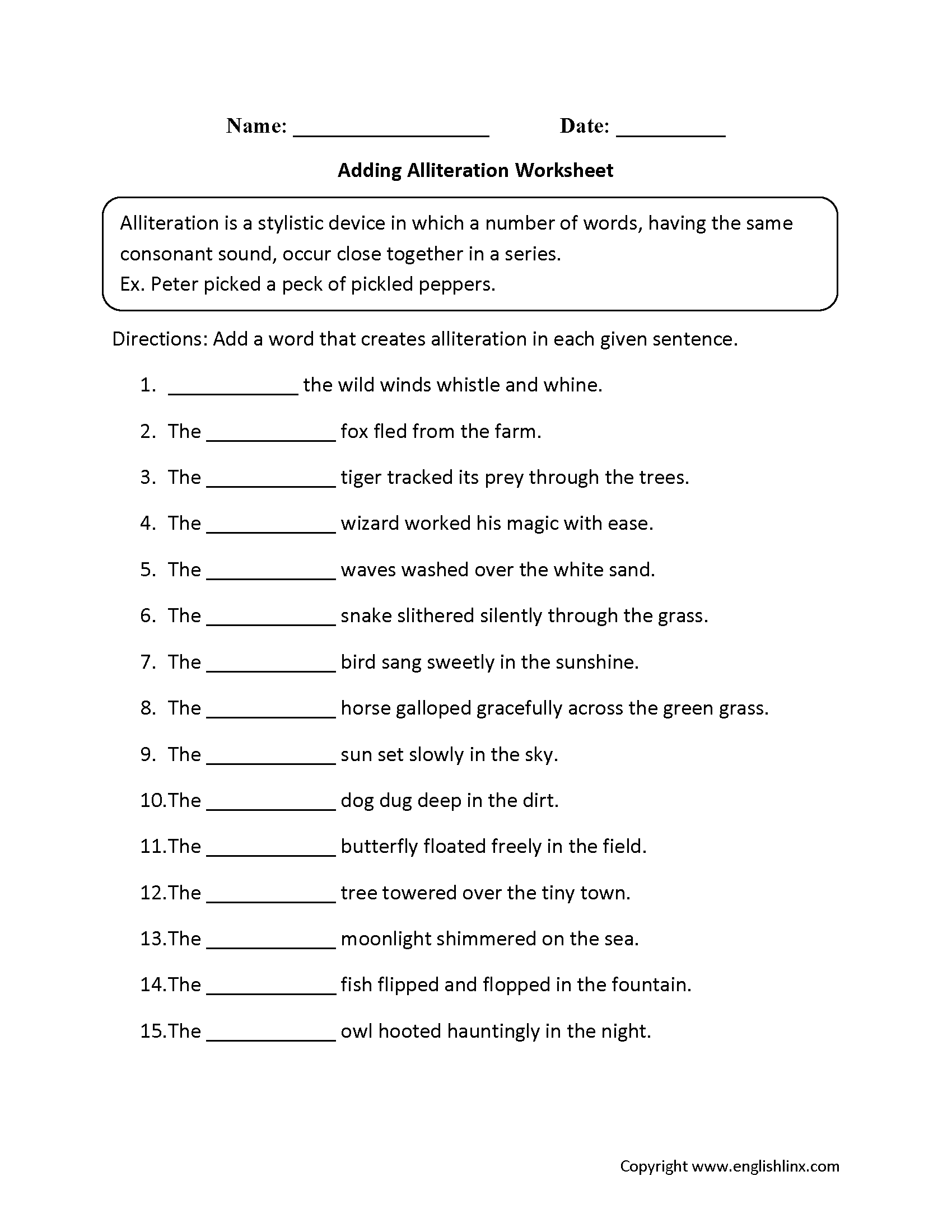 Adding Alliteration Worksheets