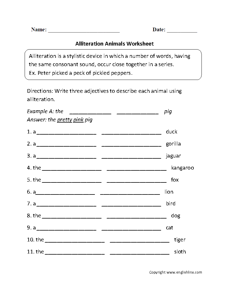 Alliteration Animals Worksheets