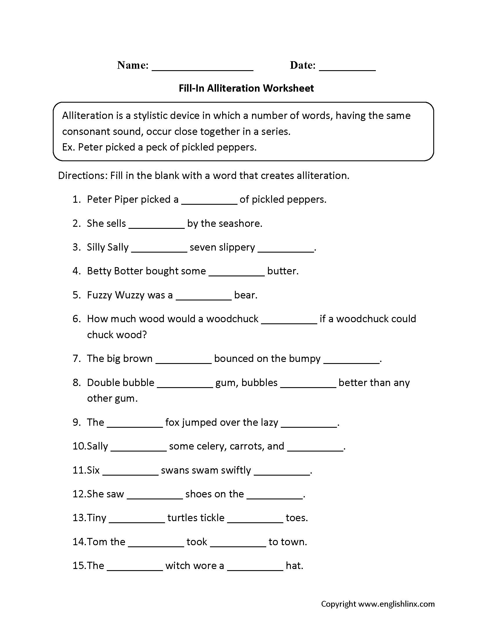 Fill In Alliteration Worksheets