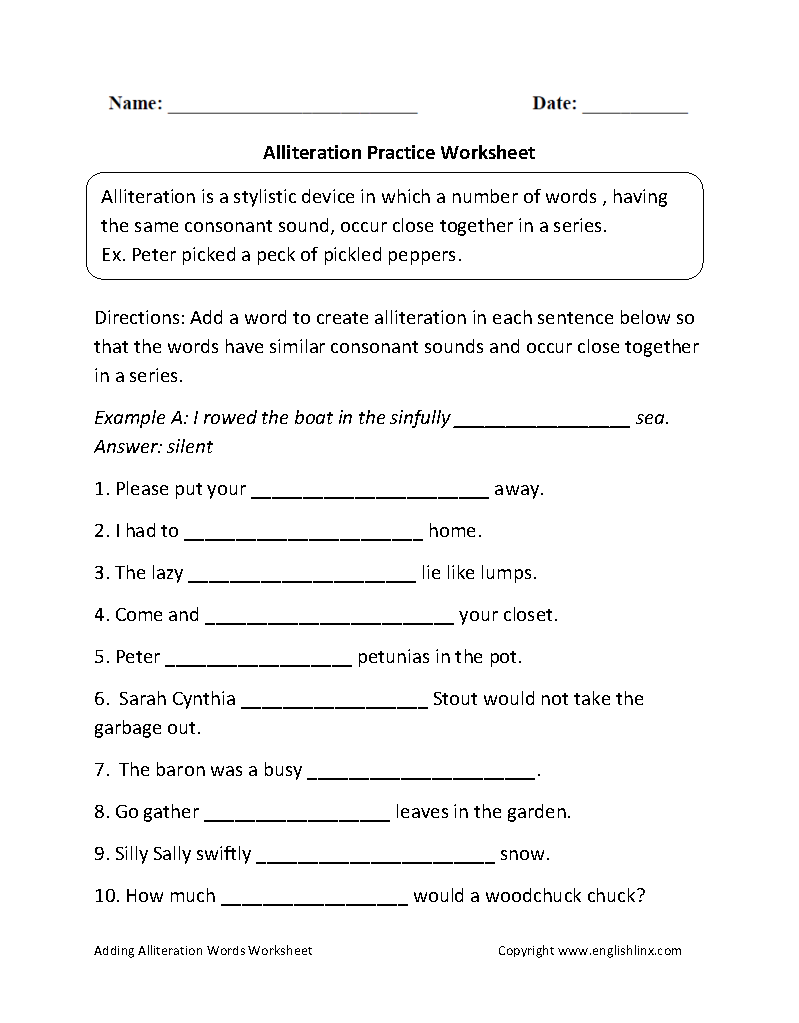 Alliteration Practice Worksheets
