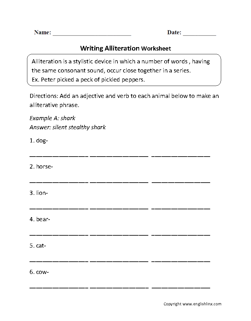 Writing Alliteration Worksheets