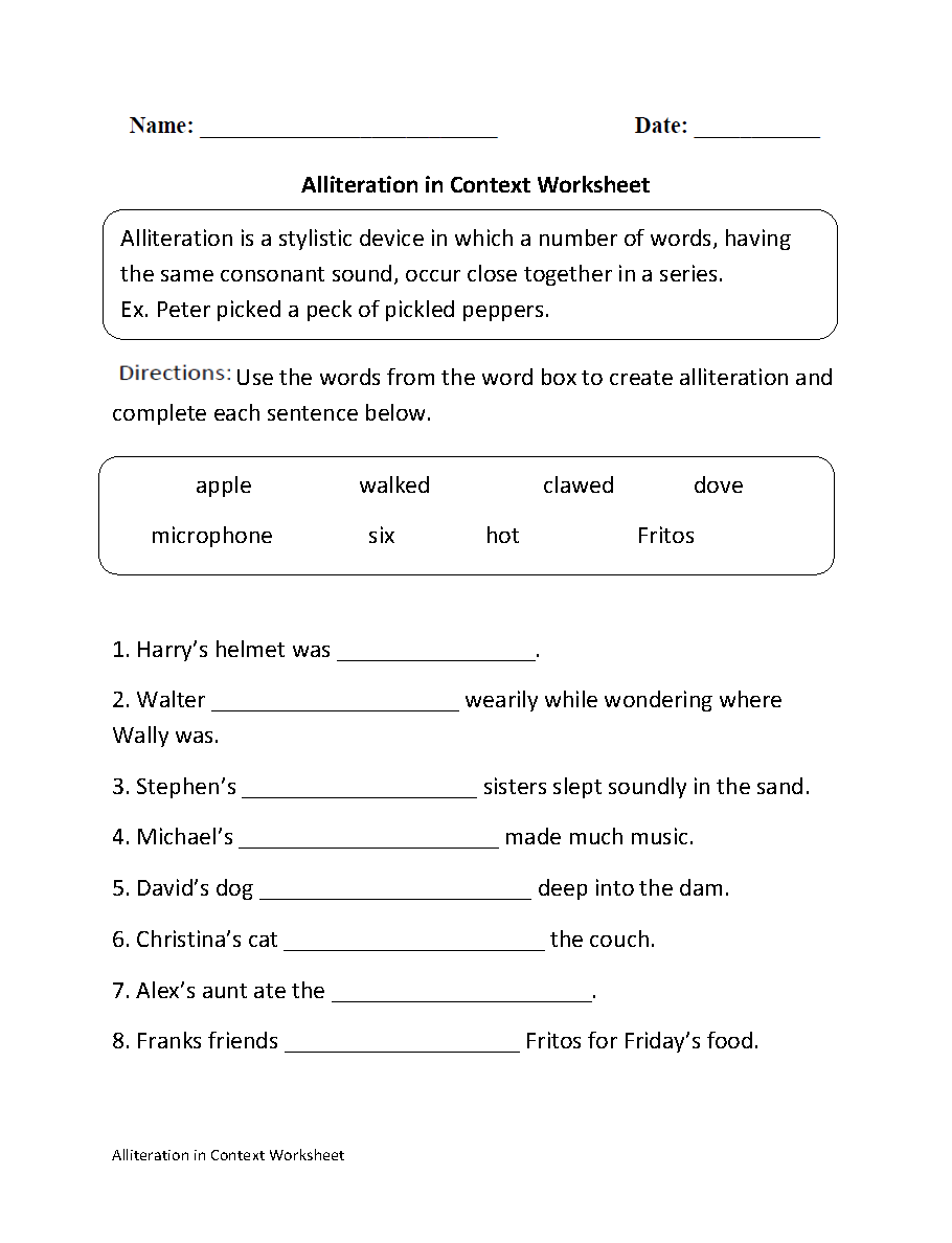 Alliteration Worksheets  Alliteration in Context Worksheet