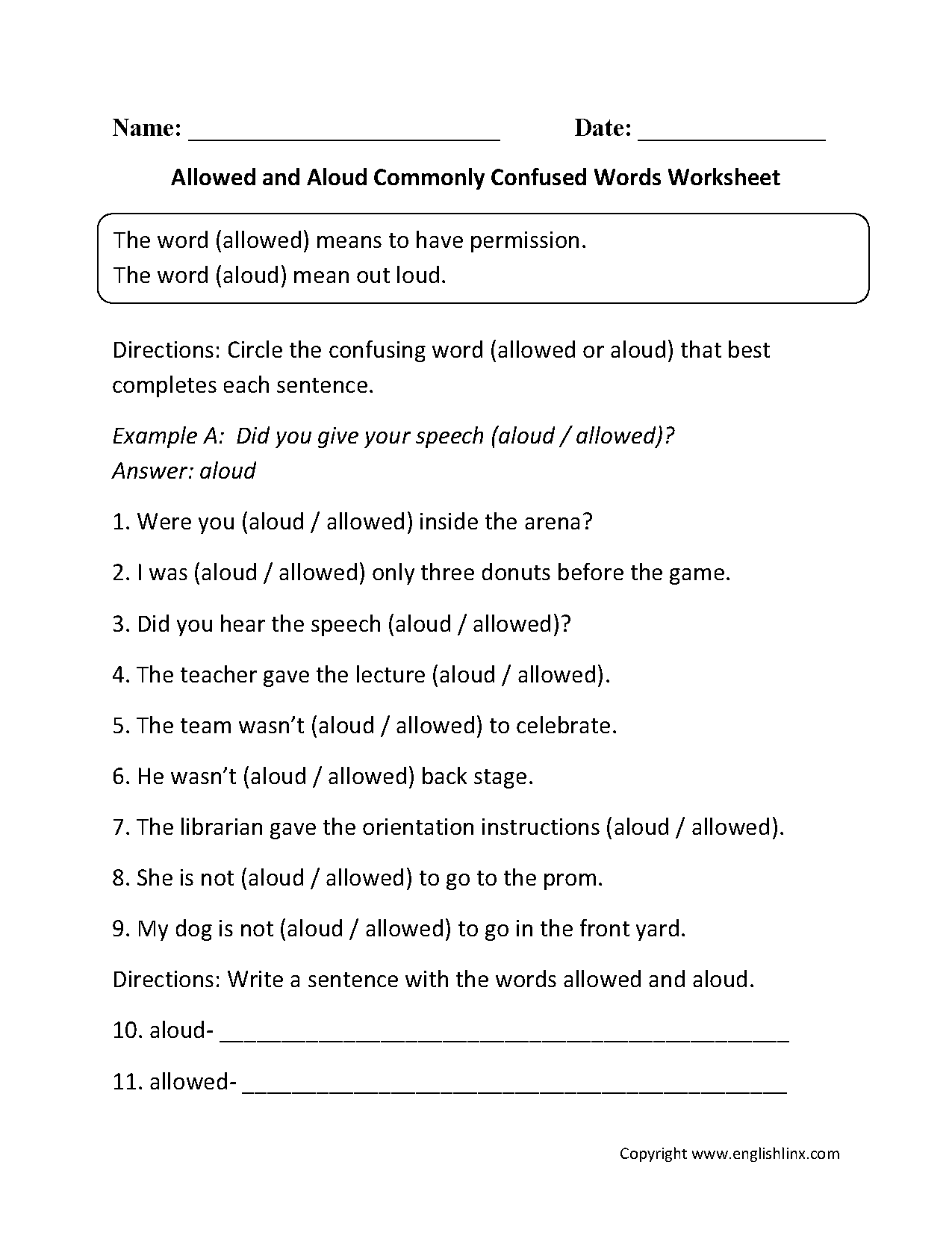 Allowed and Aloud Commonly Confused Words Worksheets