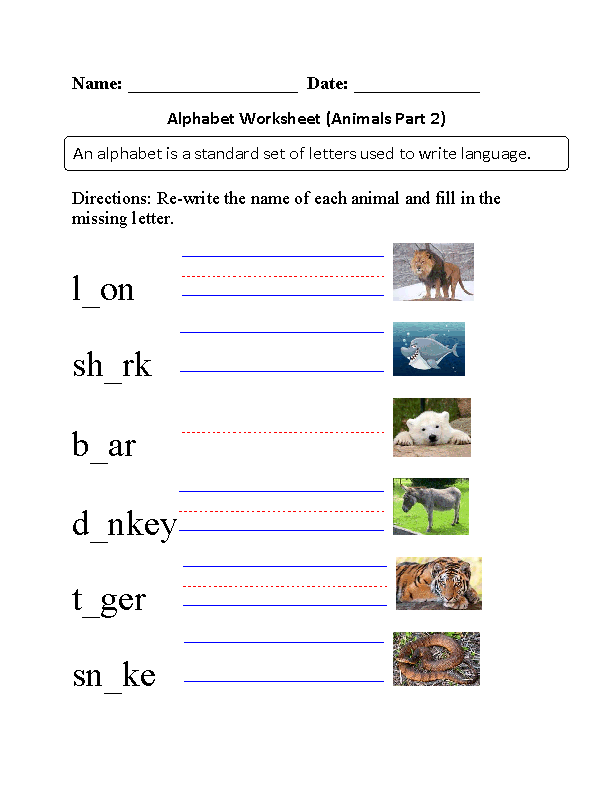 Alphabet Worksheet Animals Part 2 Beginner