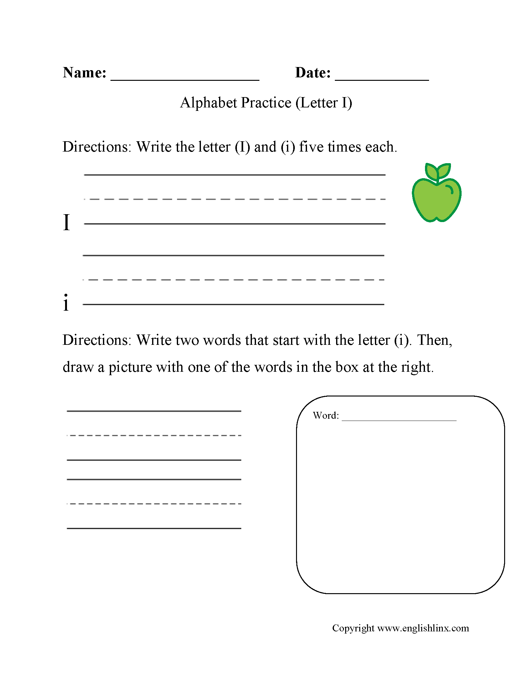 Alphabet Worksheet Letter I