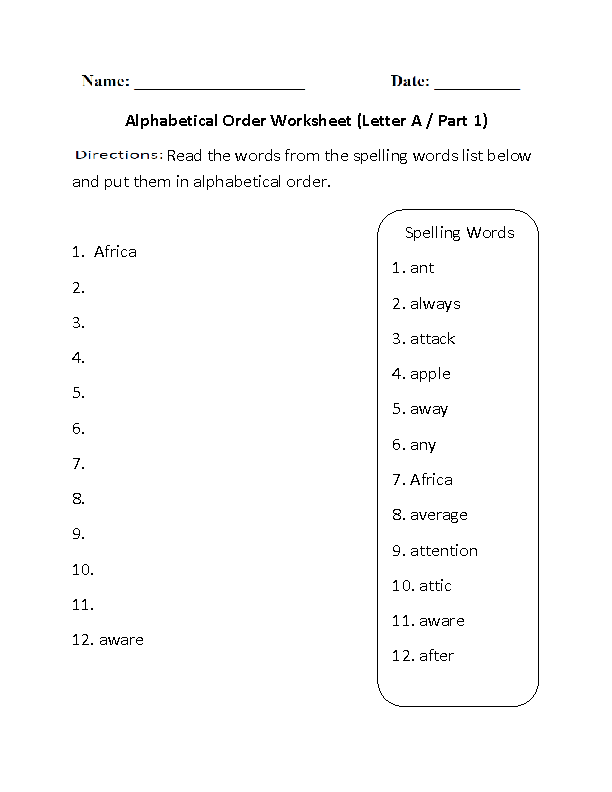 Alphabetical Order Worksheet Letter A Part 1 Beginner