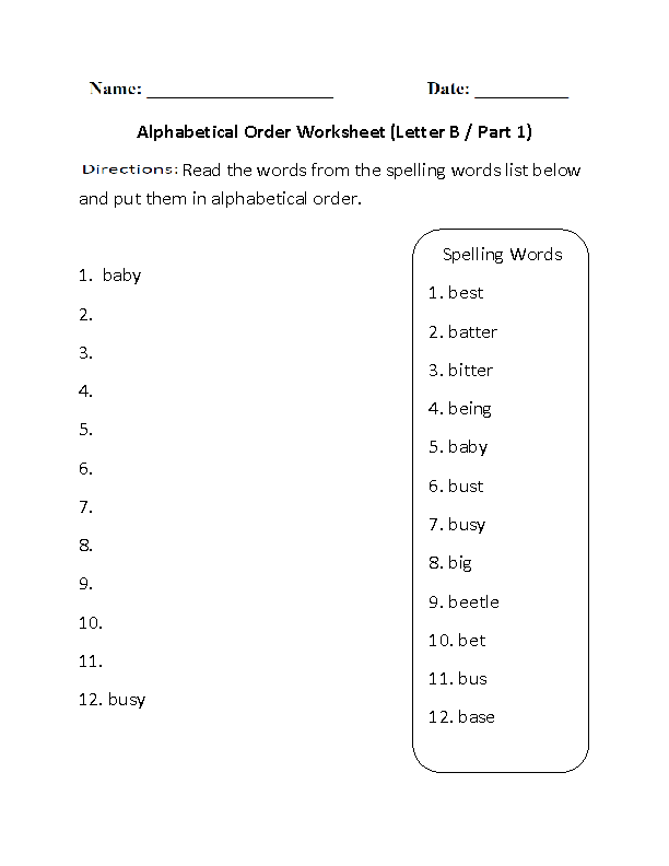 Alphabetical Order Worksheet Letter B Part 1 Beginner