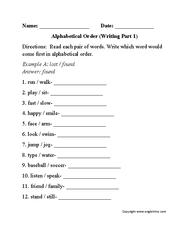 Alphabetical Order Worksheet Writing Part 1 Beginner