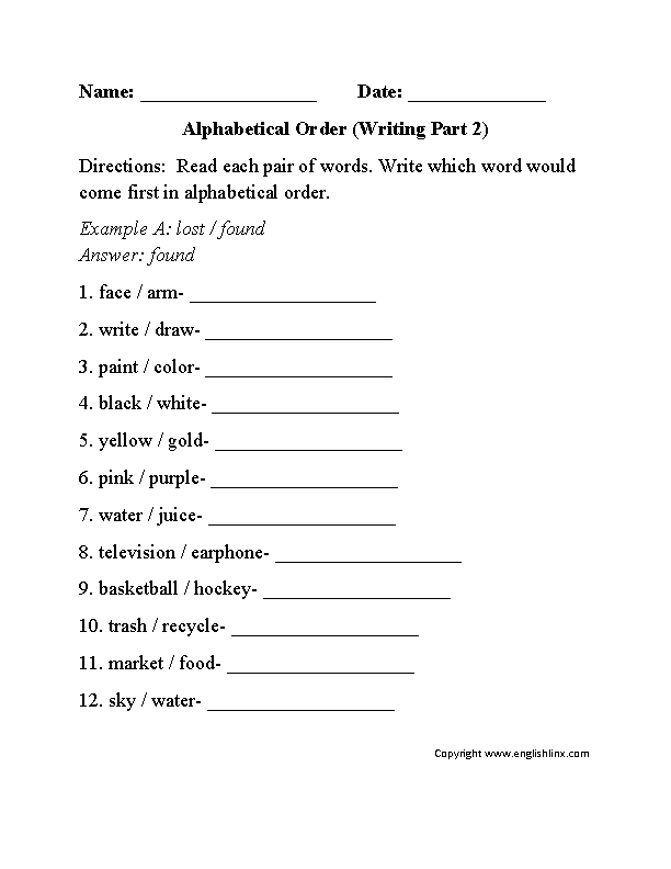Alphabetical Order Worksheet Writing Part 2 Beginner