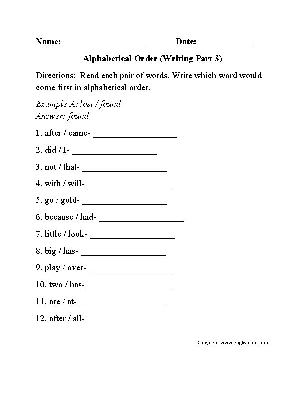 Alphabetical Order Worksheet Writing Part 3 Beginner