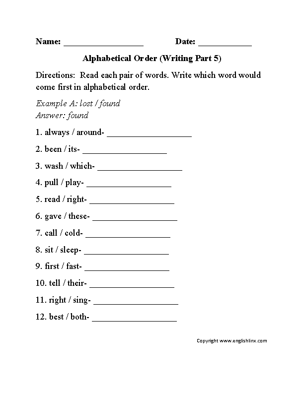 Alphabetical Order Worksheet Writing Part 5 Beginner