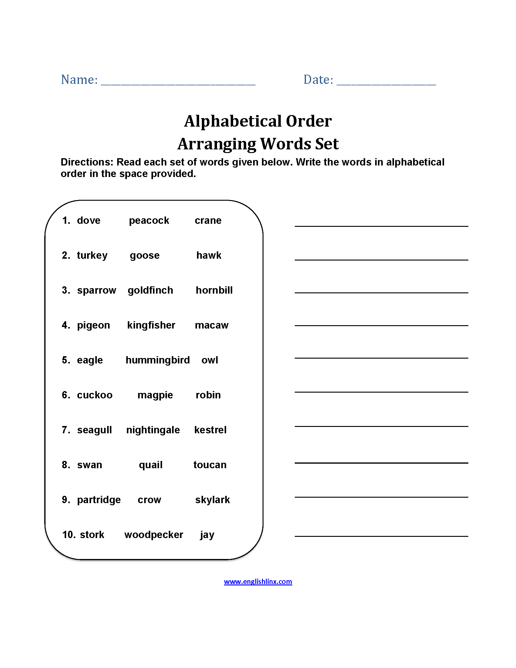 Arranging Word Sets Alphabetical Order Worksheets