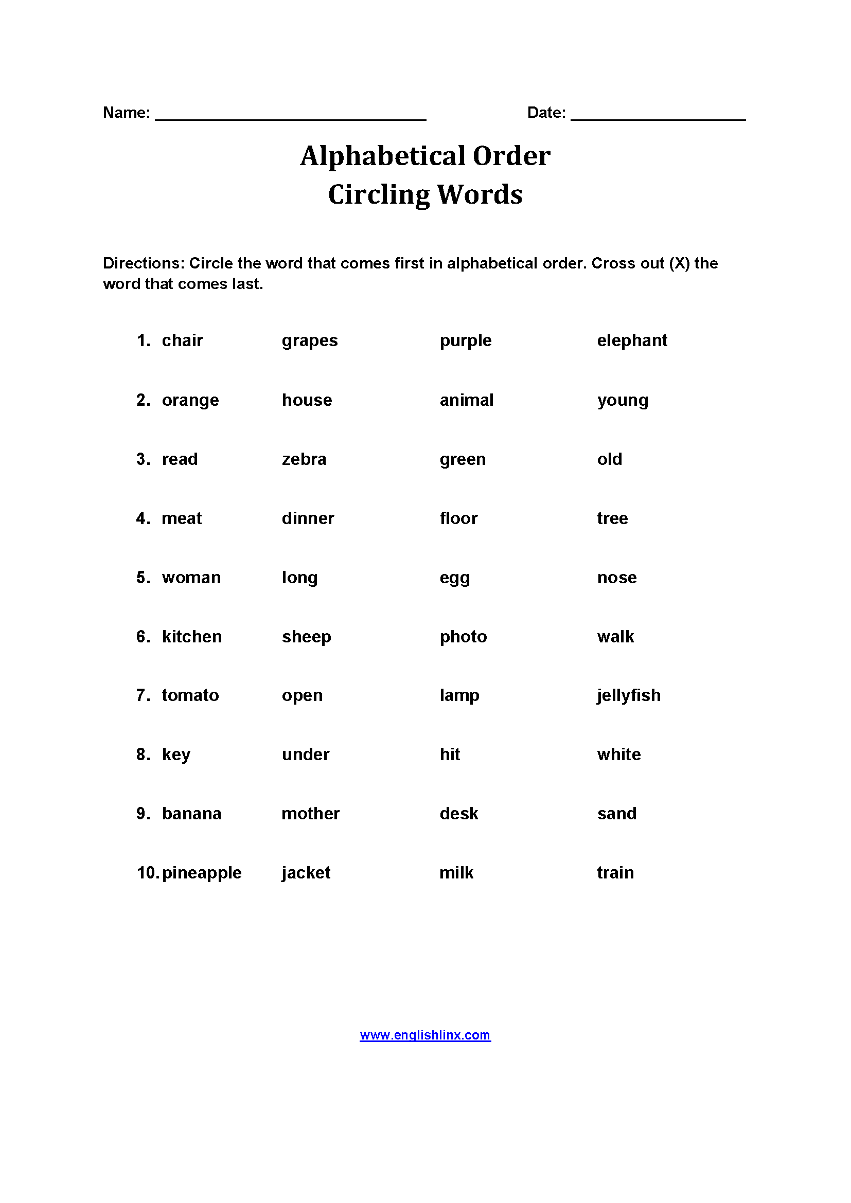 Circling Alphabetical Order Worksheets