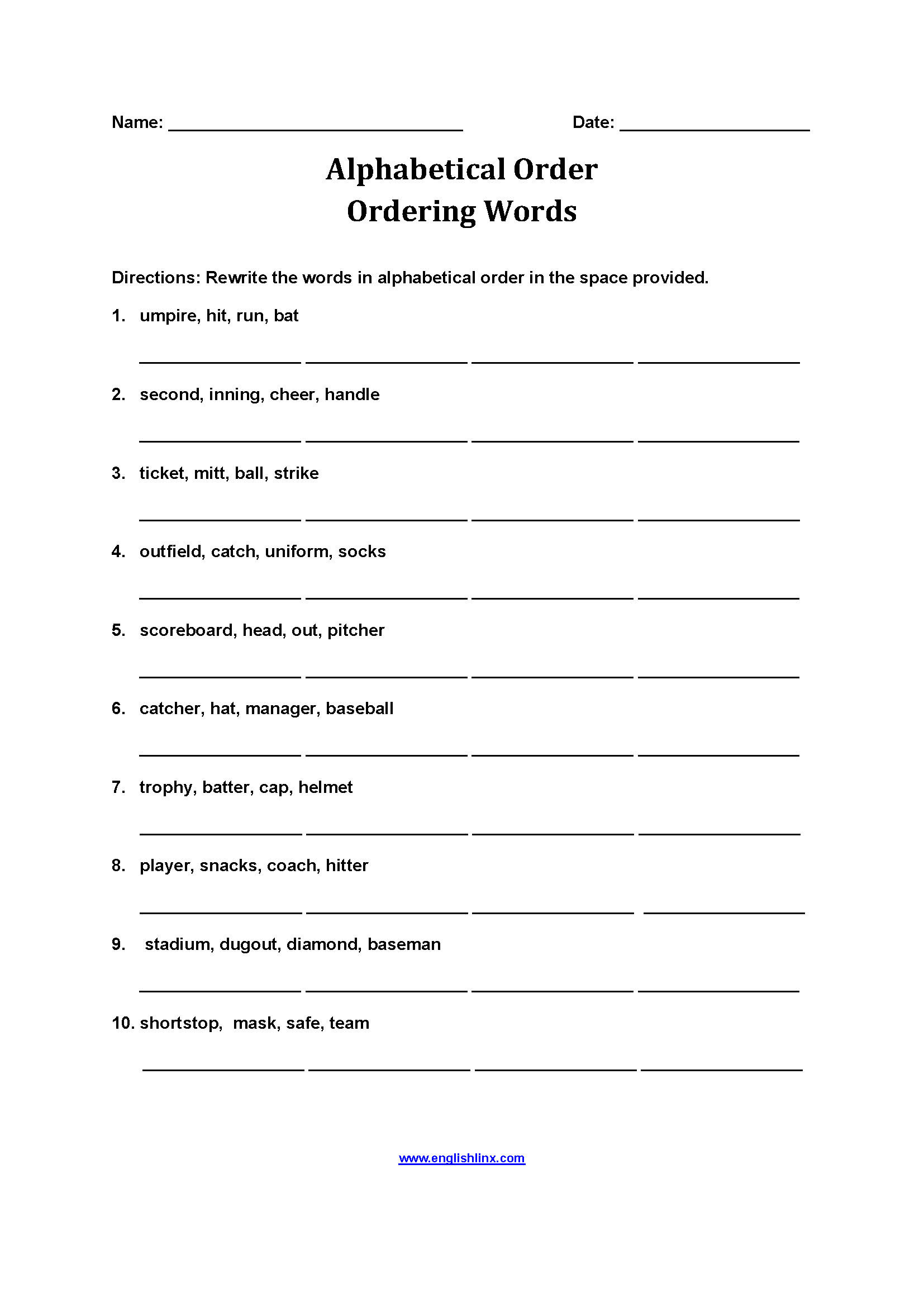 Ordering Words Alphabetical Order Worksheets