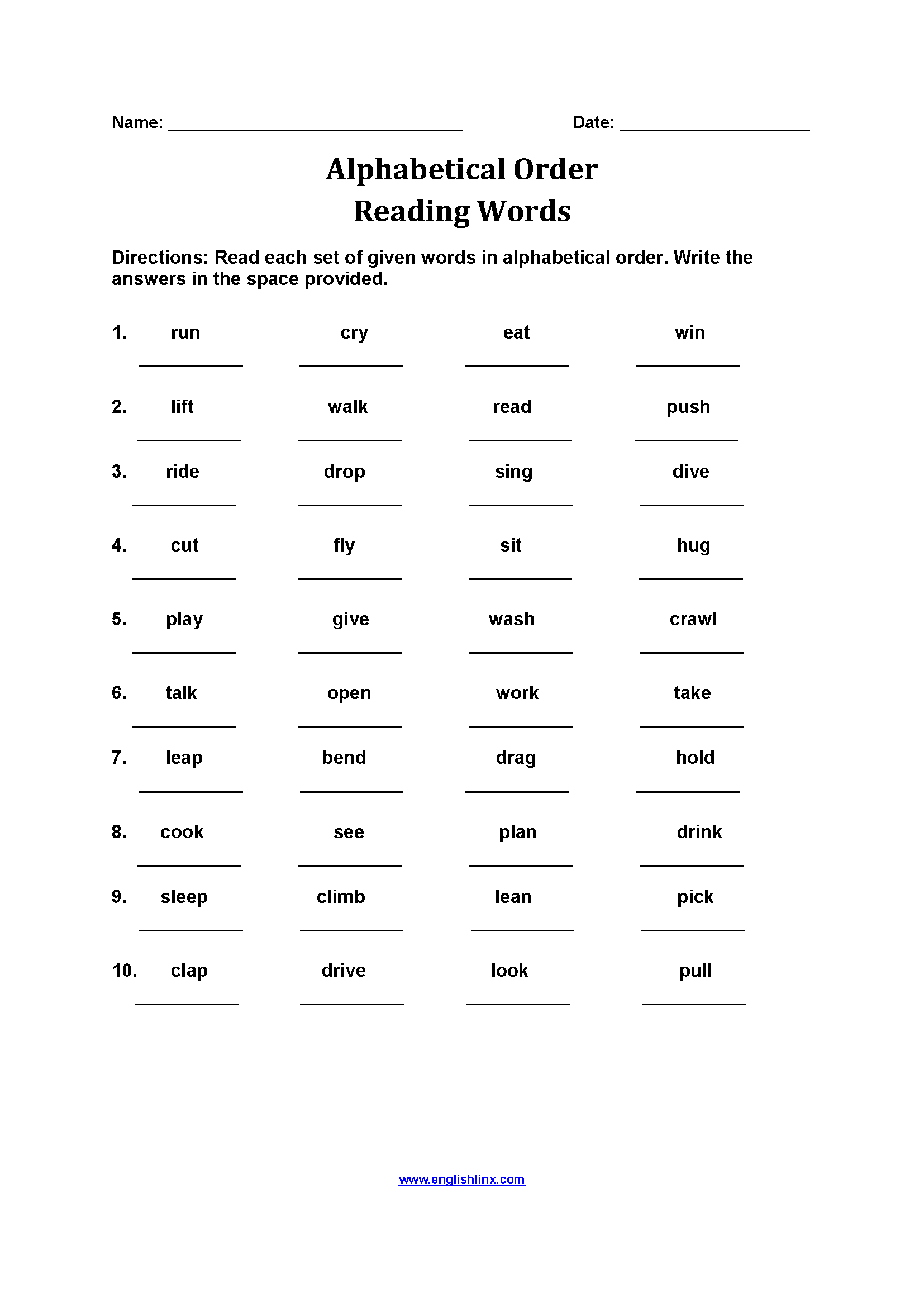 Reading Words Alphabetical Order Worksheets
