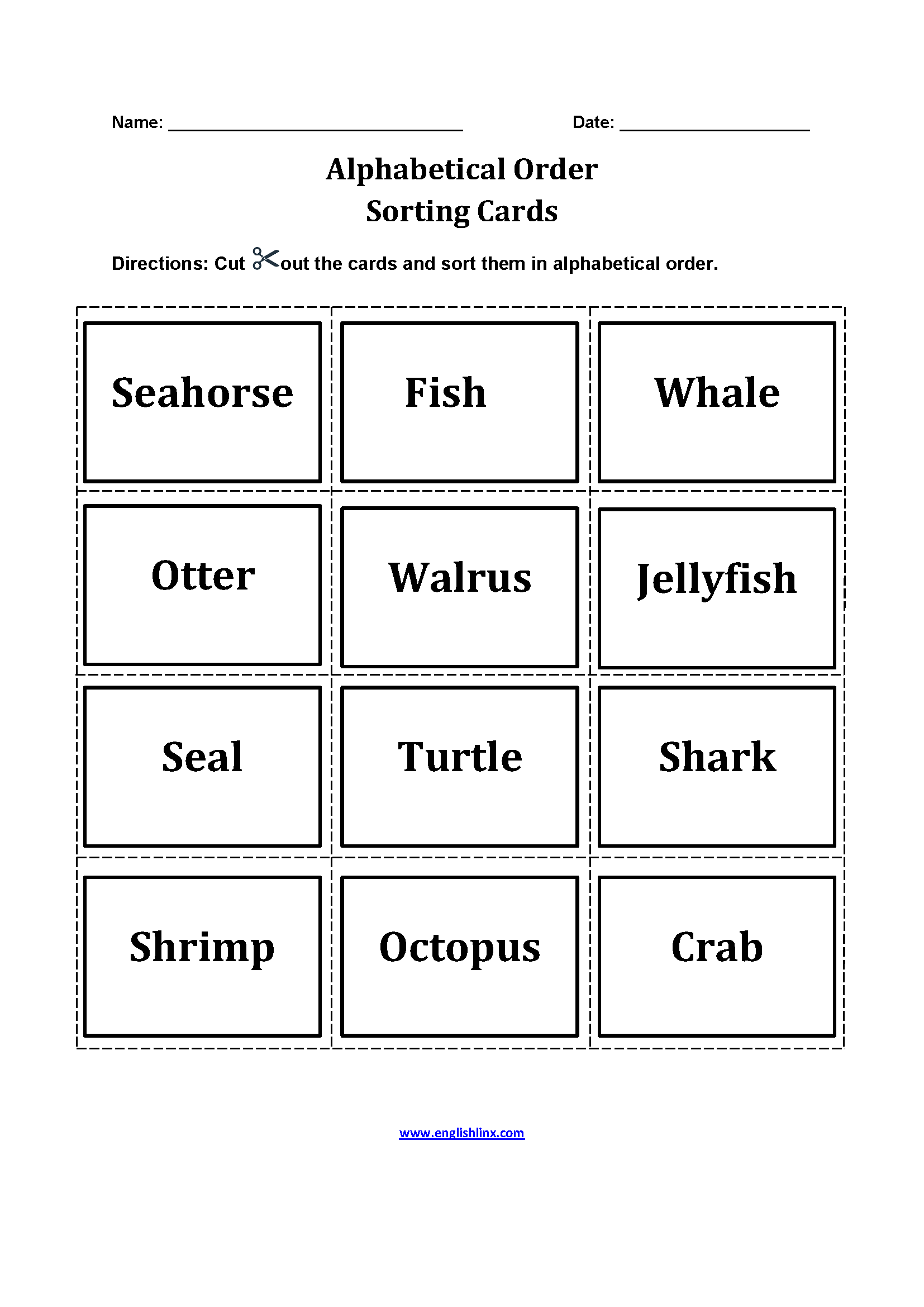 Sorting Cards Alphabetical Order Worksheets
