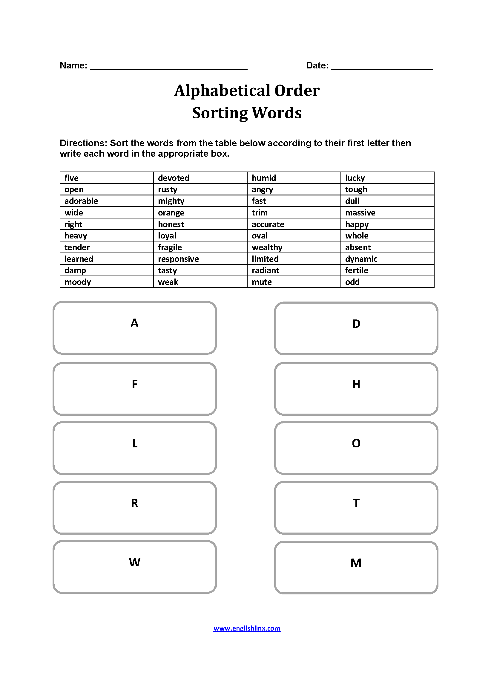 Sorting Words Alphabetical Order Worksheets