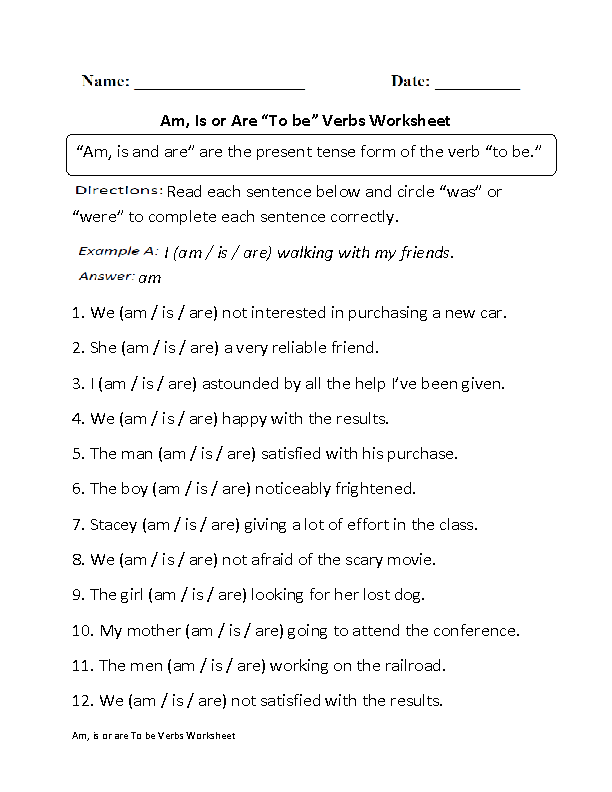 Am Is Or Are To Be Verbs Worksheet