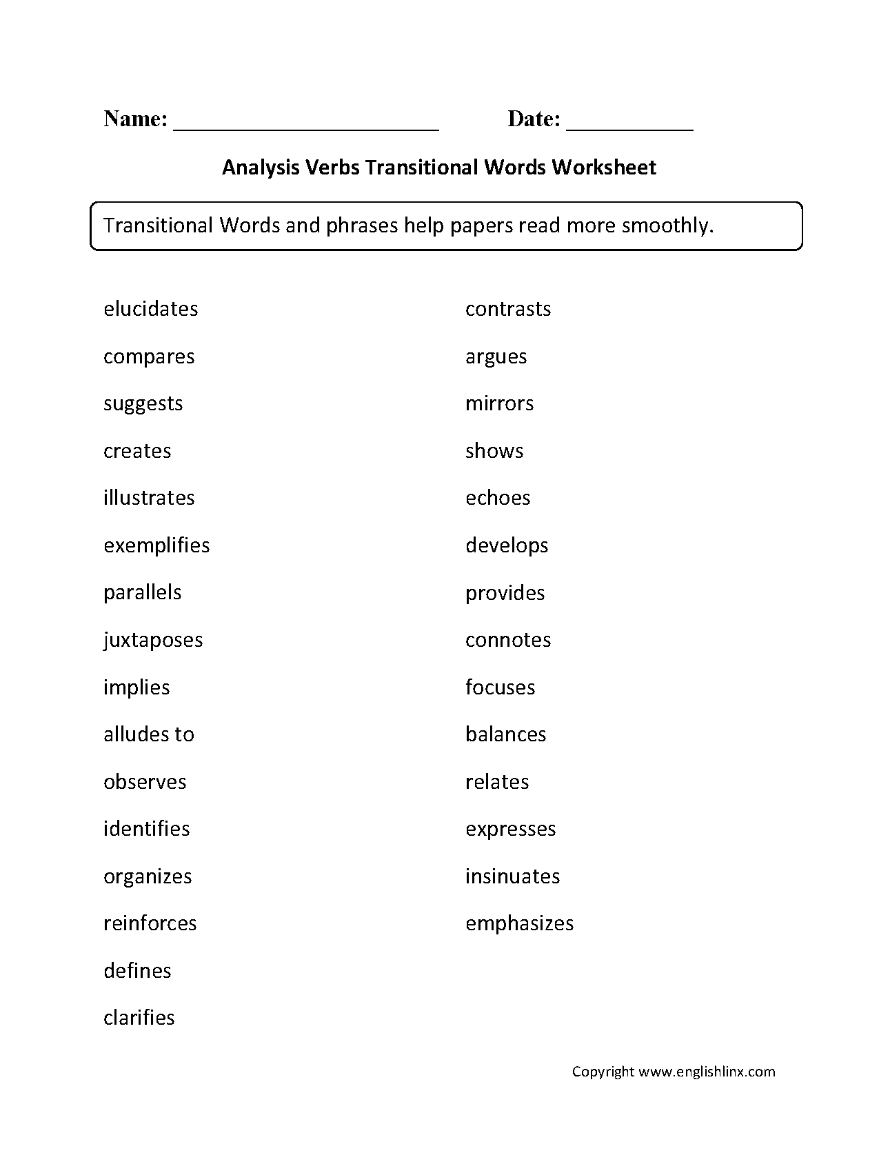 Analysis Verbs Transitional Words Worksheets