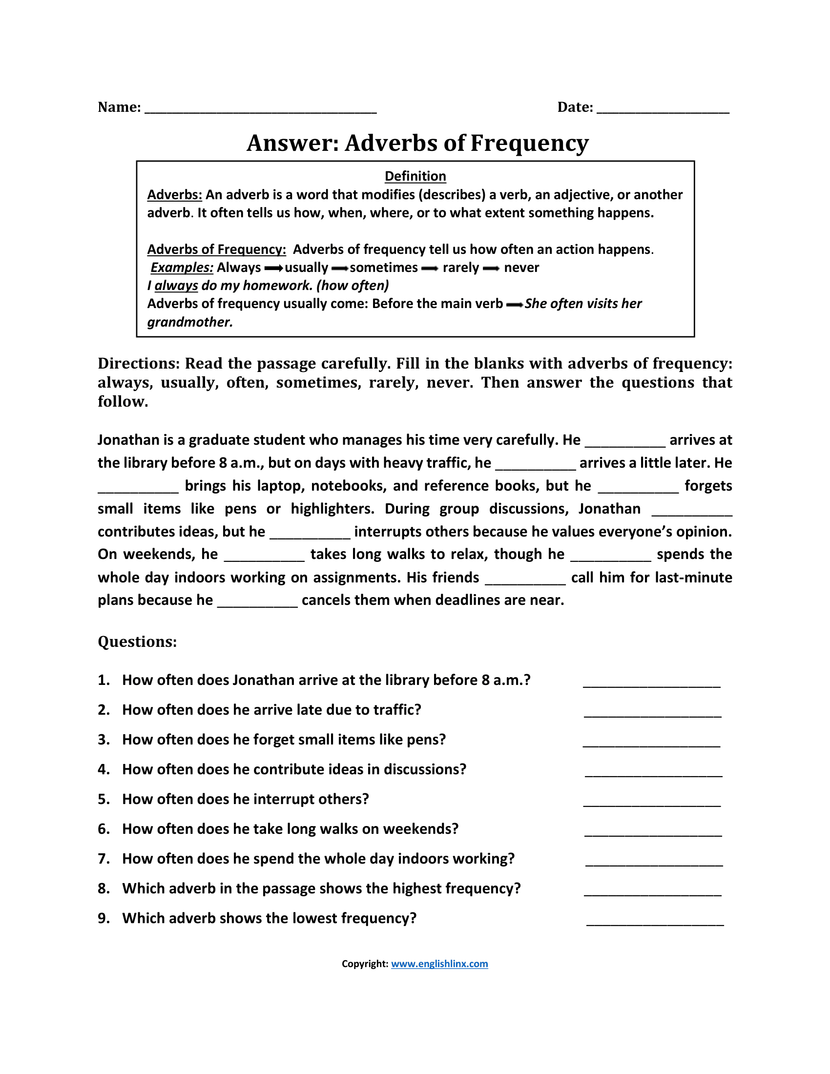 Answer Adverbs of Frequency Worksheets