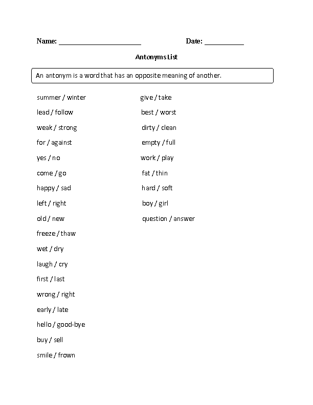 Antonyms List