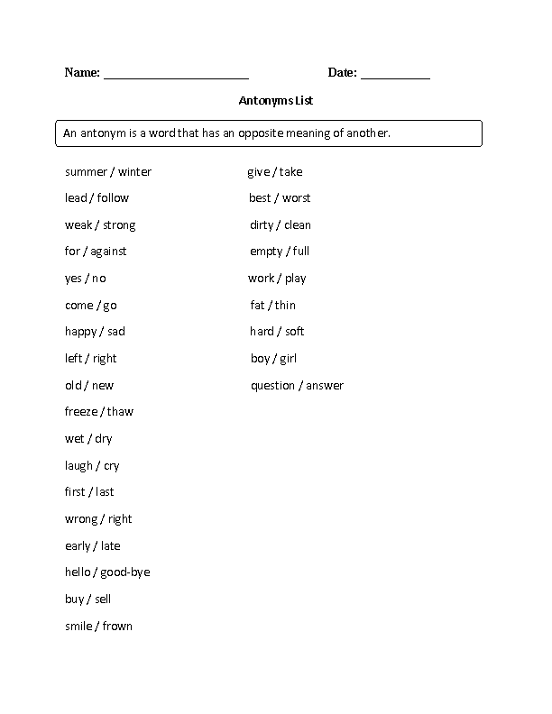 Englishlinx Antonyms Worksheets