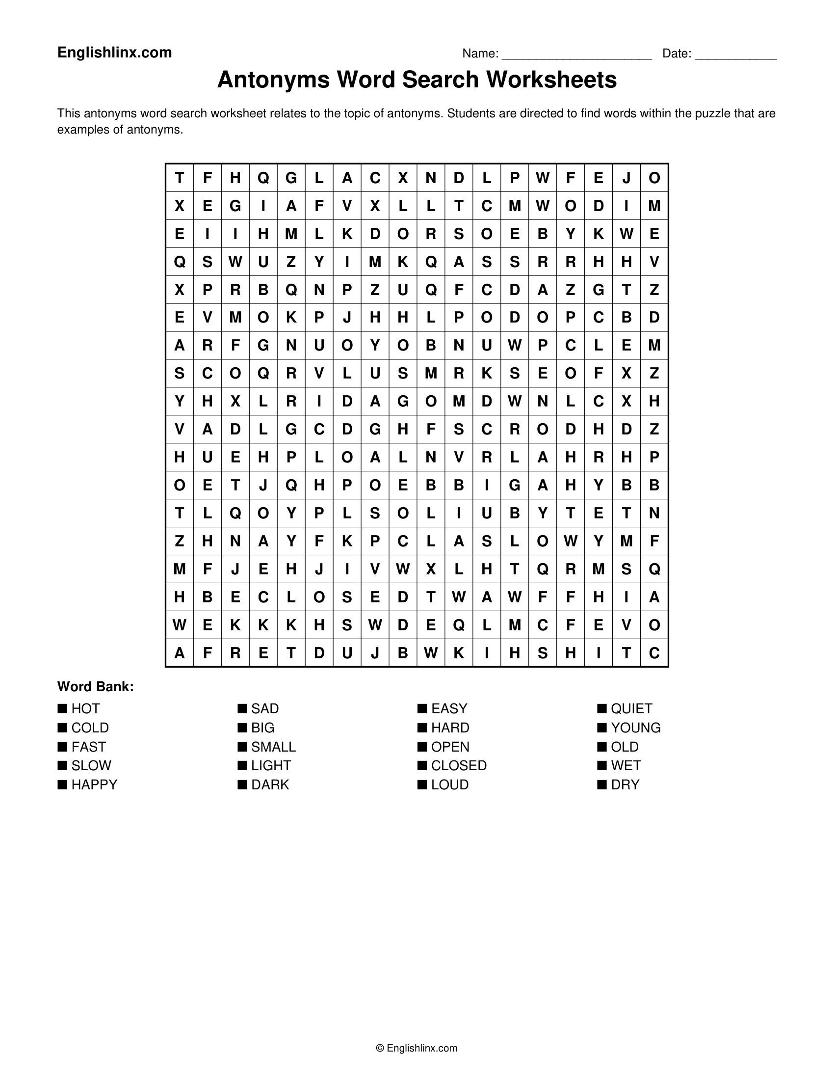 Antonyms Word Search Worksheets