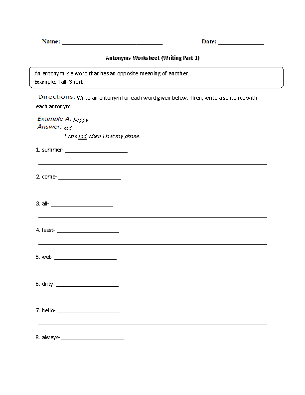 Antonym Writing Worksheet Worksheet