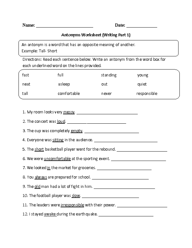 Synonyms And Antonyms Worksheet For Grade 5