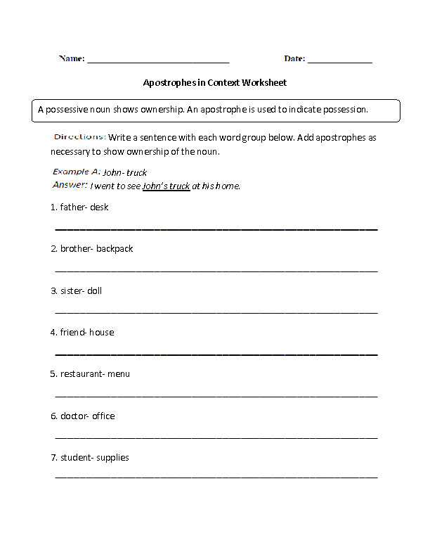 Apostrophes in Context Worksheet