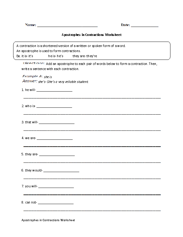 Apostrophes in Contractions Worksheet