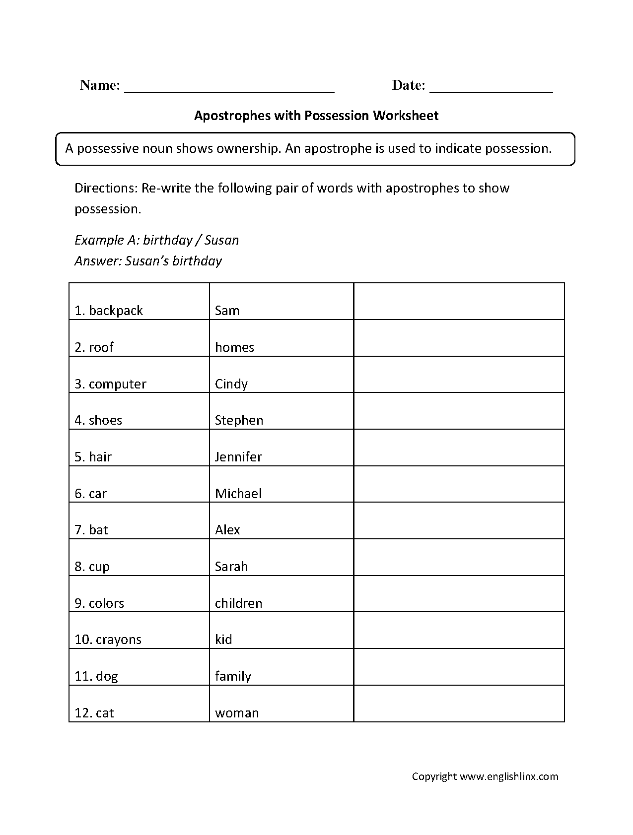 Apostrophes with Possession Worksheets
