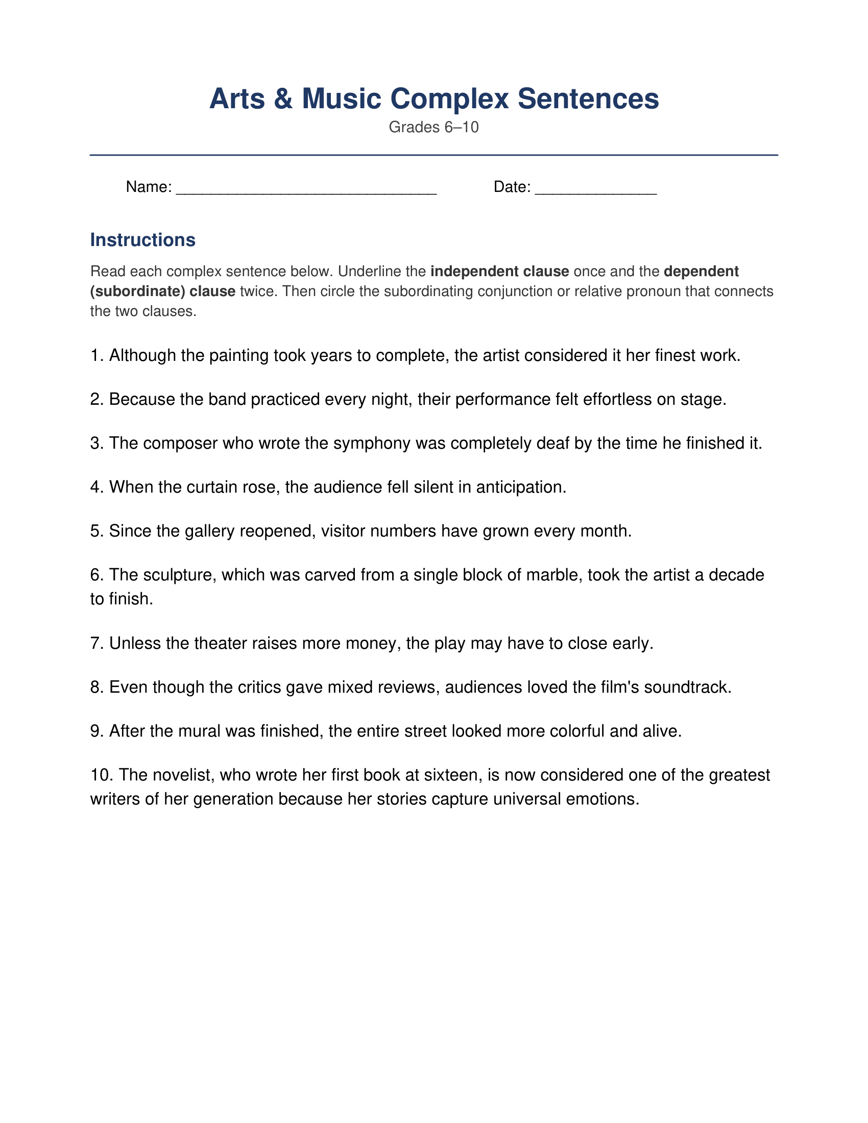 Finding Independent Clauses Complex Sentences Worksheets